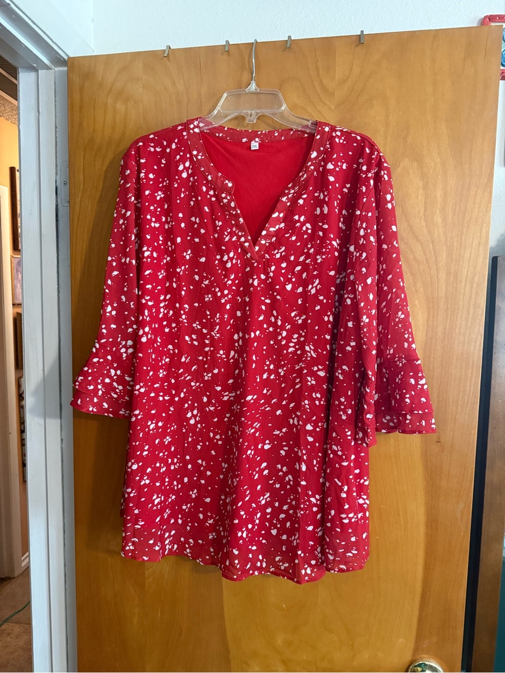 Red Split-Neck Printed Tunic with Flared Sleeves